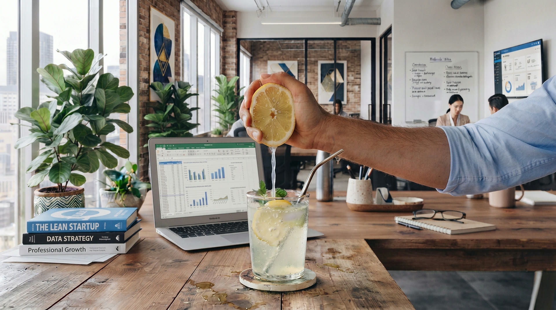Una mano spreme mezzo limone in un bicchiere d'acqua con ghiaccio, fette di limone e menta, su una scrivania di legno in un ufficio luminoso